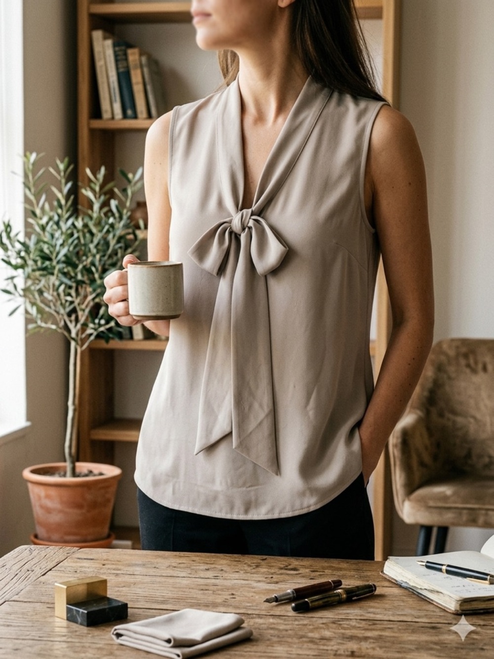 Sleeveless Tie-Neck Blouse in Taupe